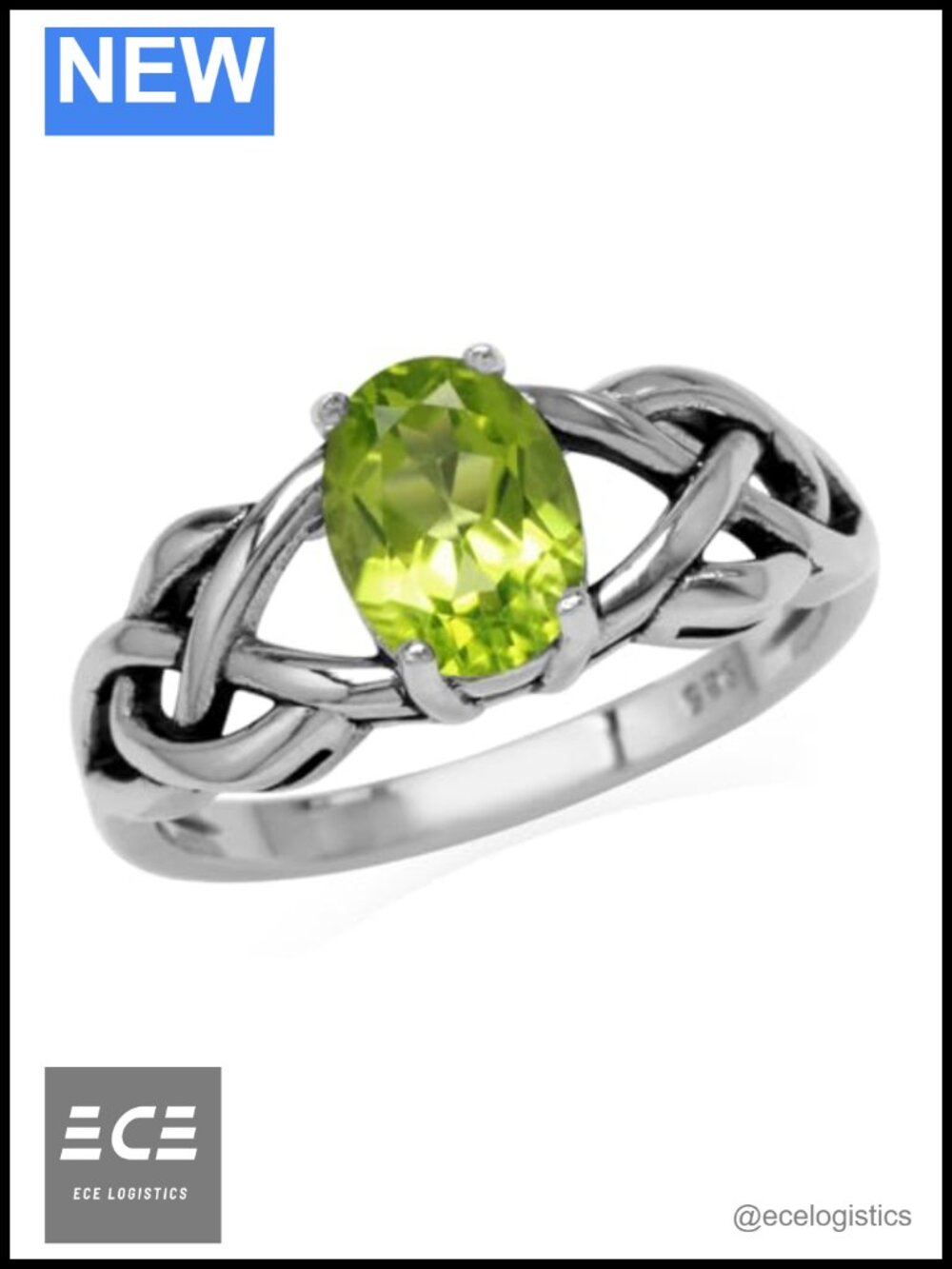 Peridot 925 Sterling Silver Celtic Knot Solitaire Ring Size 10